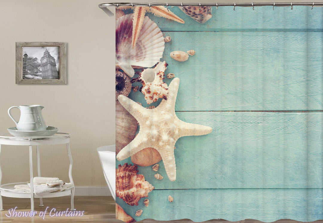 Seashells And Starfish On The Blue Deck - Shower Curtains Design