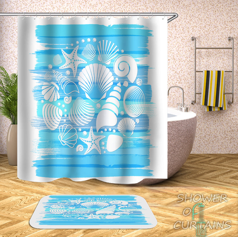 Seashells Mix Over The Blue Shower Curtain