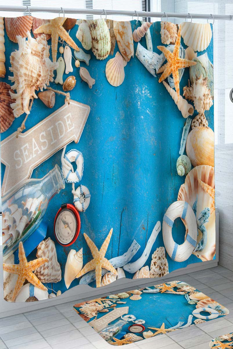 Seaside Shower Curtains Starfish and Shells on Blue