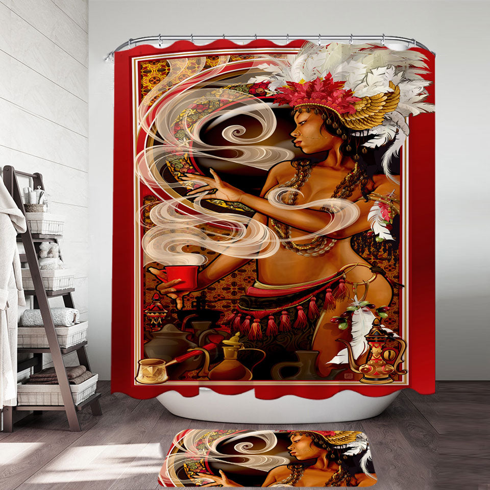 Sexy Black Girl Shower Curtains Goddess of Coffee