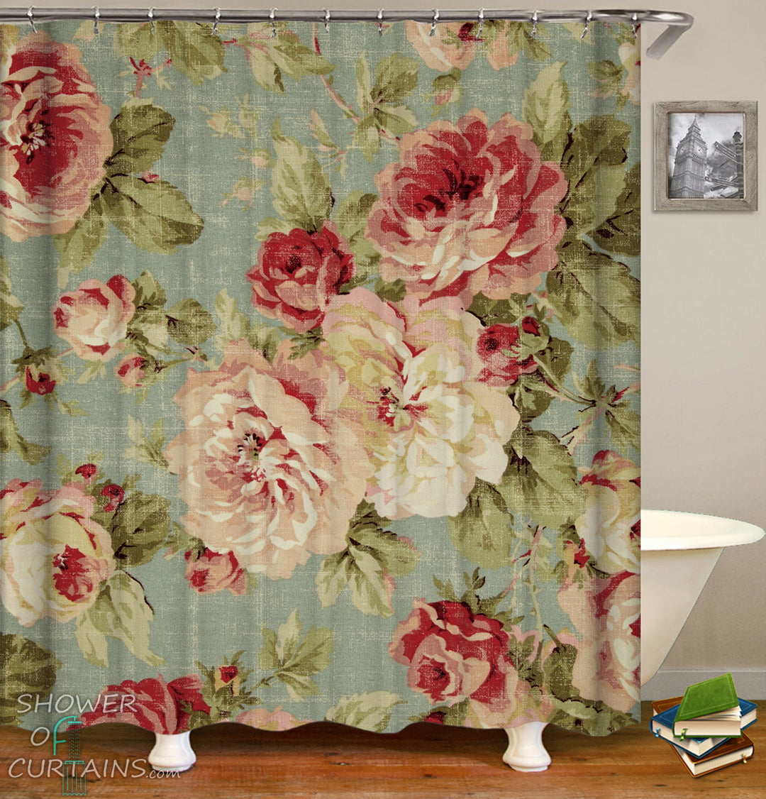 Shabby Chic Floral Shower Curtain - Vintage Bathroom Decor