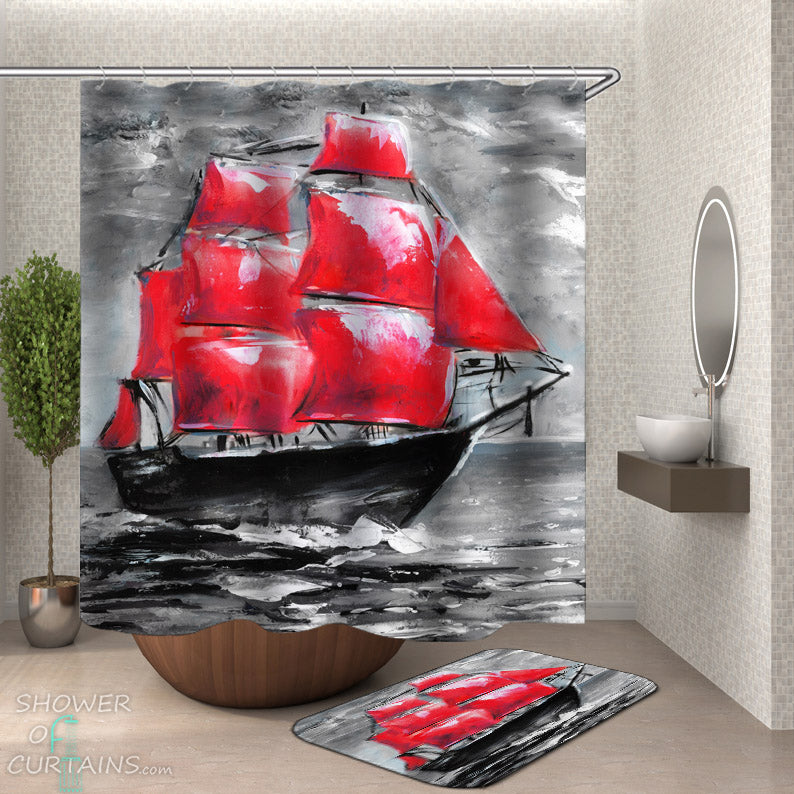 Ship Shower Curtains - Black and Red Art Painting Ship