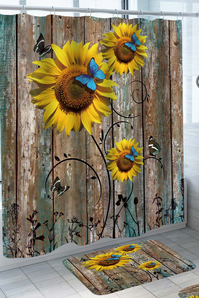 Shower Curtain For Sale with Sunflowers and Butterflies on Worn Out Wood