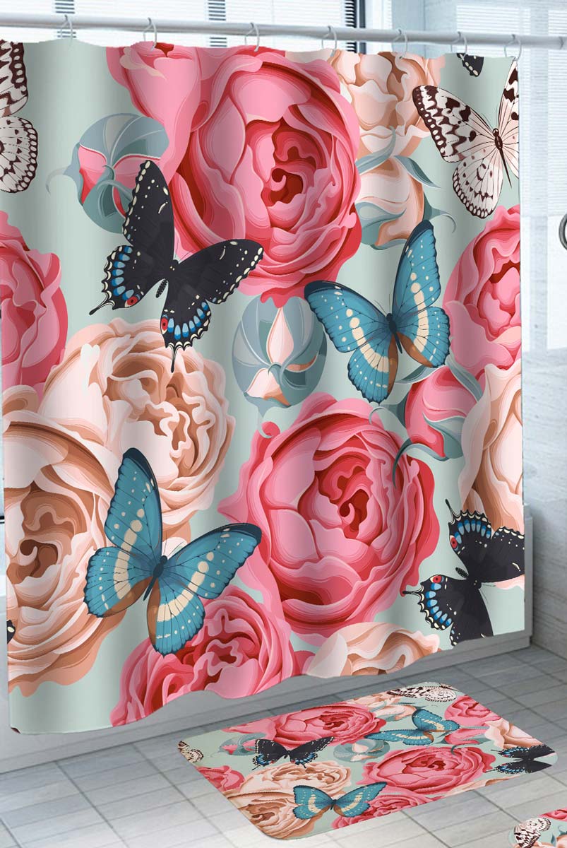 Shower Curtain of Giant Pinkish Roses and Butterflies