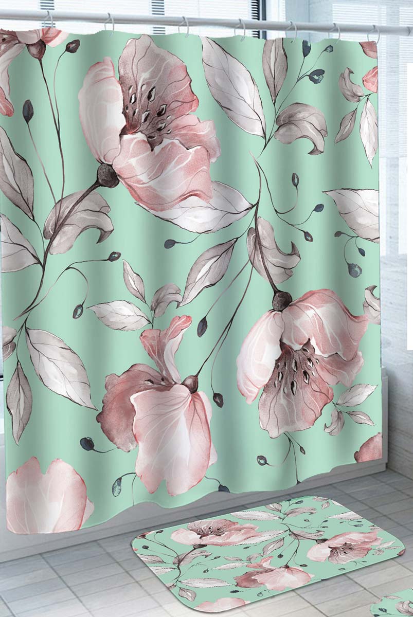 Shower Curtain of Pinkish Flowers over Mint Green