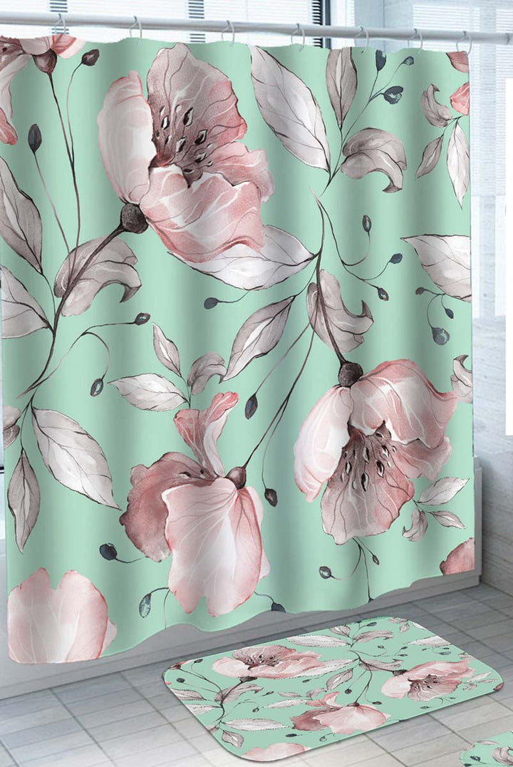 Shower Curtain of Pinkish Flowers over Mint Green