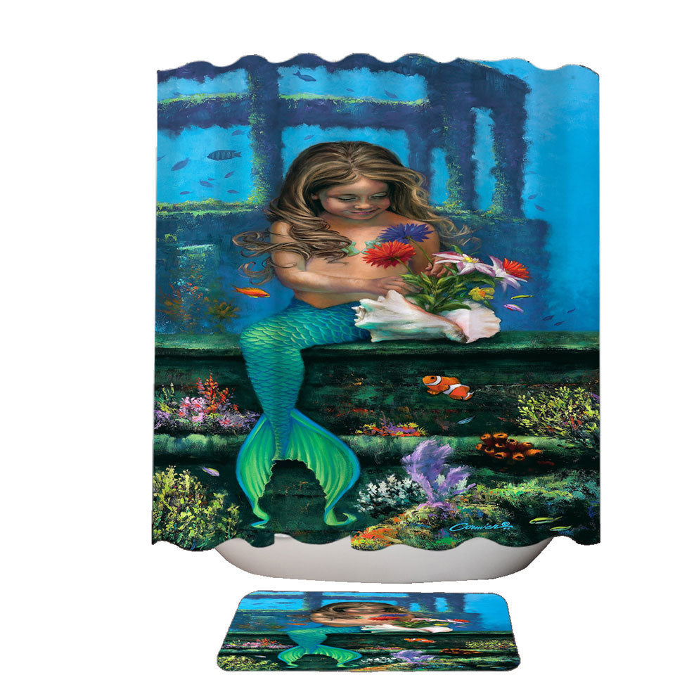 Shower Curtain with Cute Girl Mermaid and Underwater Flowers