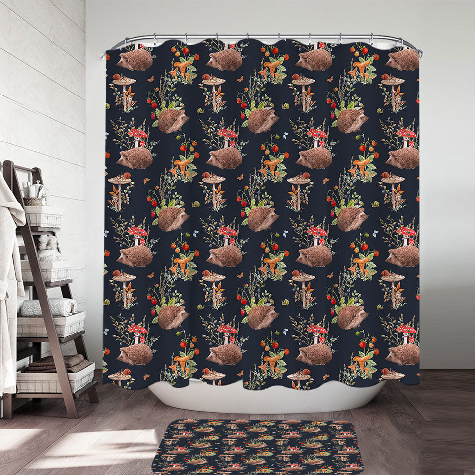 Shower Curtain with Cute Hedgehog in a Mushroom Garden