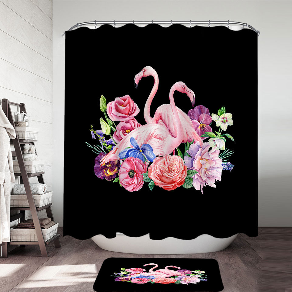 Shower Curtain with Flamingos and Flowers over Black