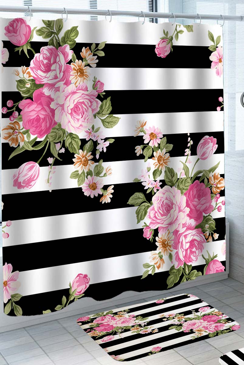 Shower Curtain with Roses Bouquets Over Black and White Stripes