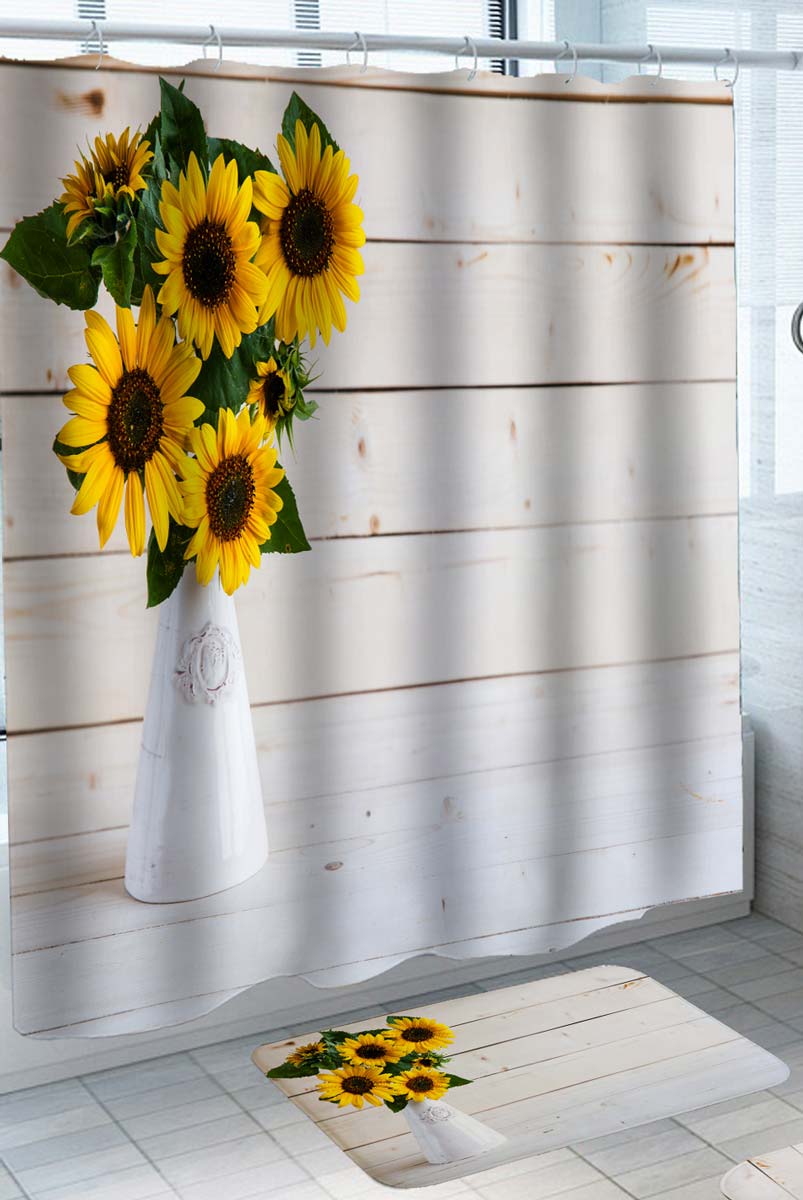 Shower Curtain with Sunflowers in White Vase