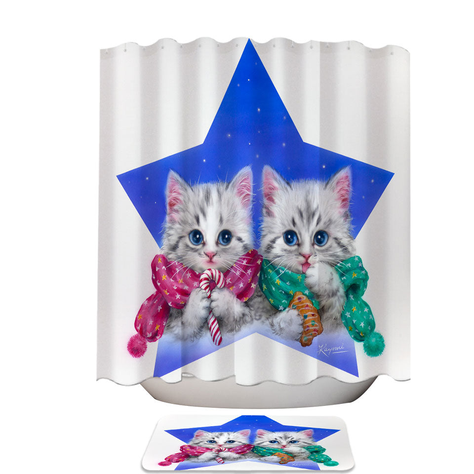 Shower Curtains Christmas Star with Two Cute Grey Kittens