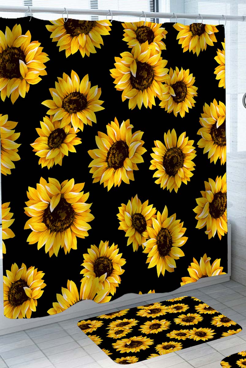 Shower Curtains For Sale with Black Background Sunflowers