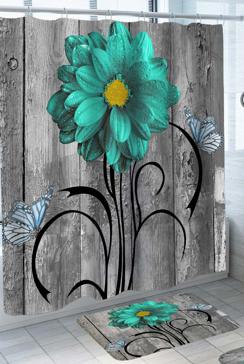 Shower Curtains Online with Turquoise Flower and Butterflies over Worn Wood Deck