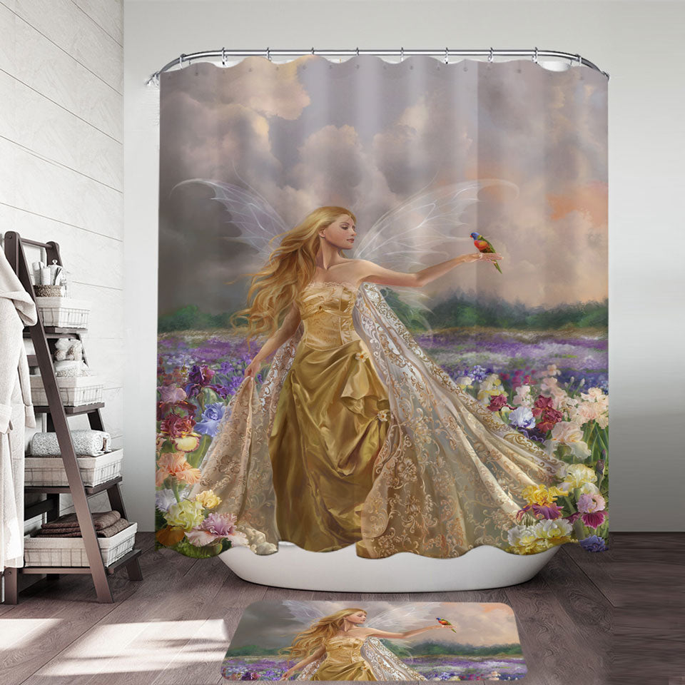 Shower Curtains for Girls Flower Field and the Beautiful Blonde Fairy