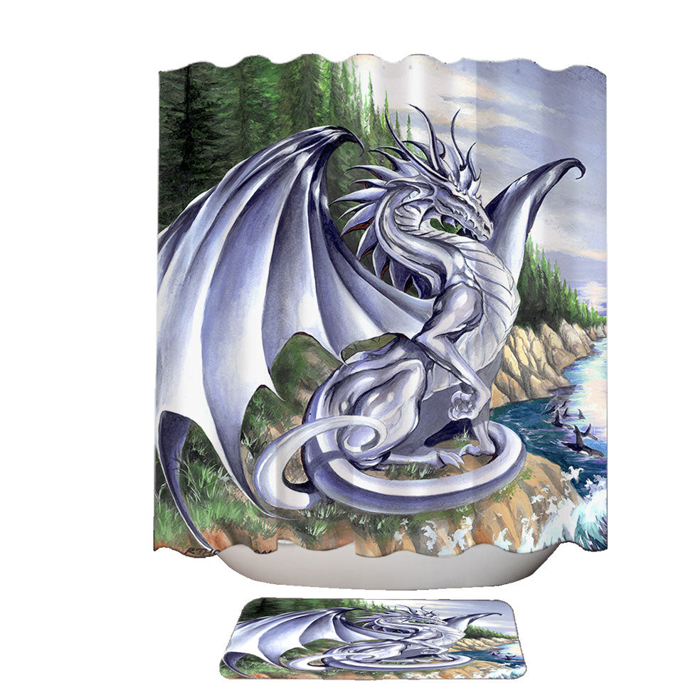 Shower Curtains of Silver Coastal Grey Dragon Drawing