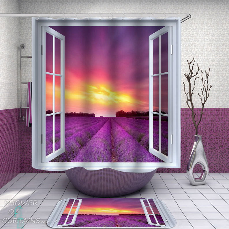 Shower Curtains with A Window to Lavender Field