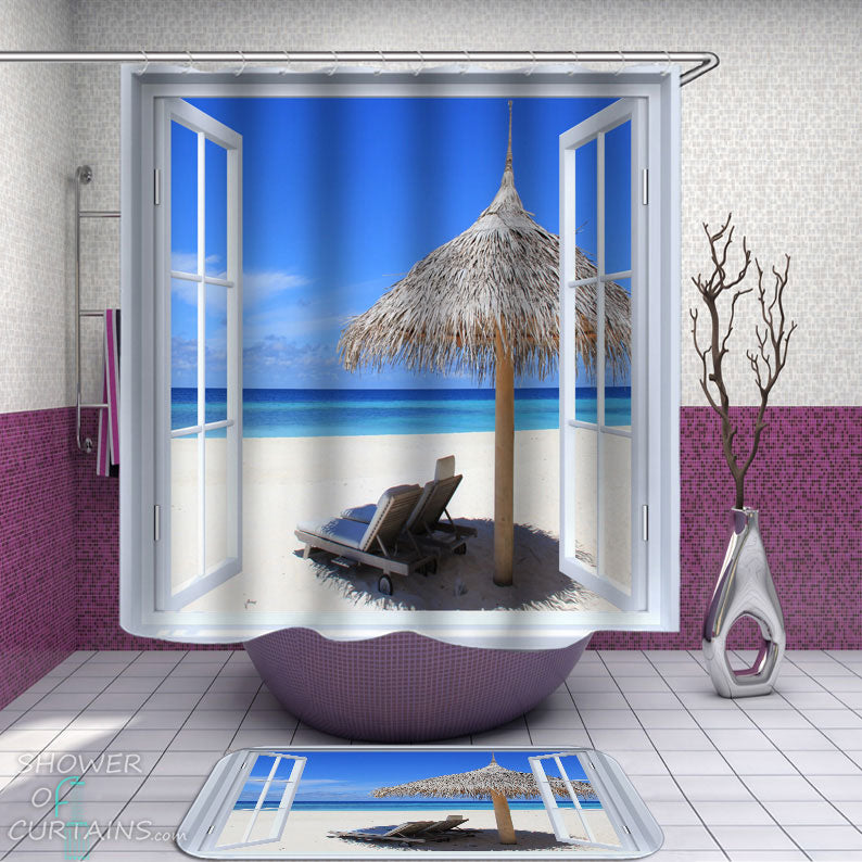 Shower Curtains with A Window to Relaxed Beach