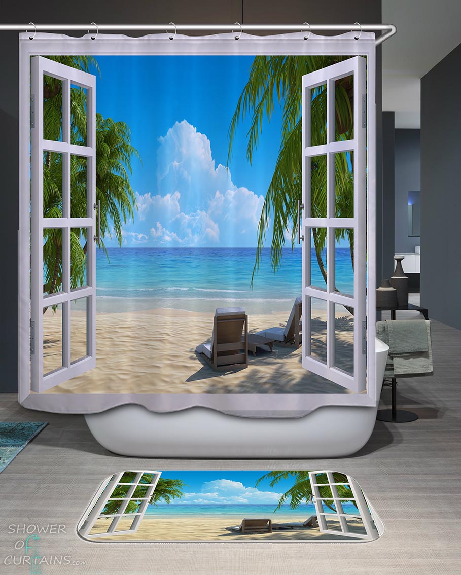 Shower Curtains with A Window to Sunny Beach