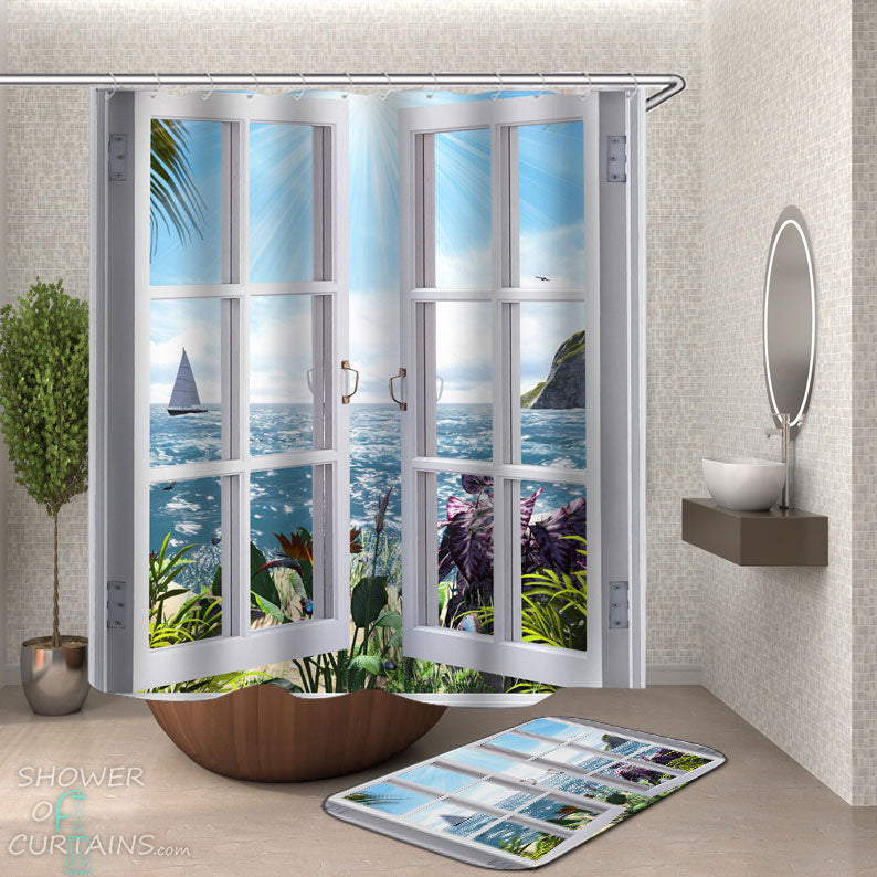 Shower Curtains with A Window to Tropical Heaven