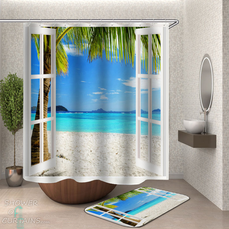 Shower Curtains with A Window to White Tropical Beach