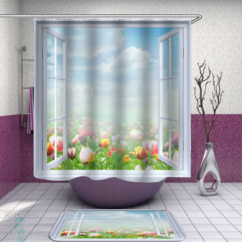 Shower Curtains with A Window to a Tulip Garden