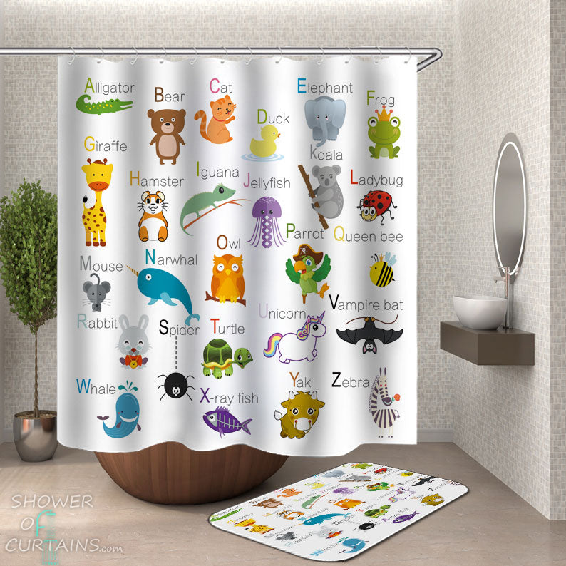 Shower Curtains with ABC Animals for Kids