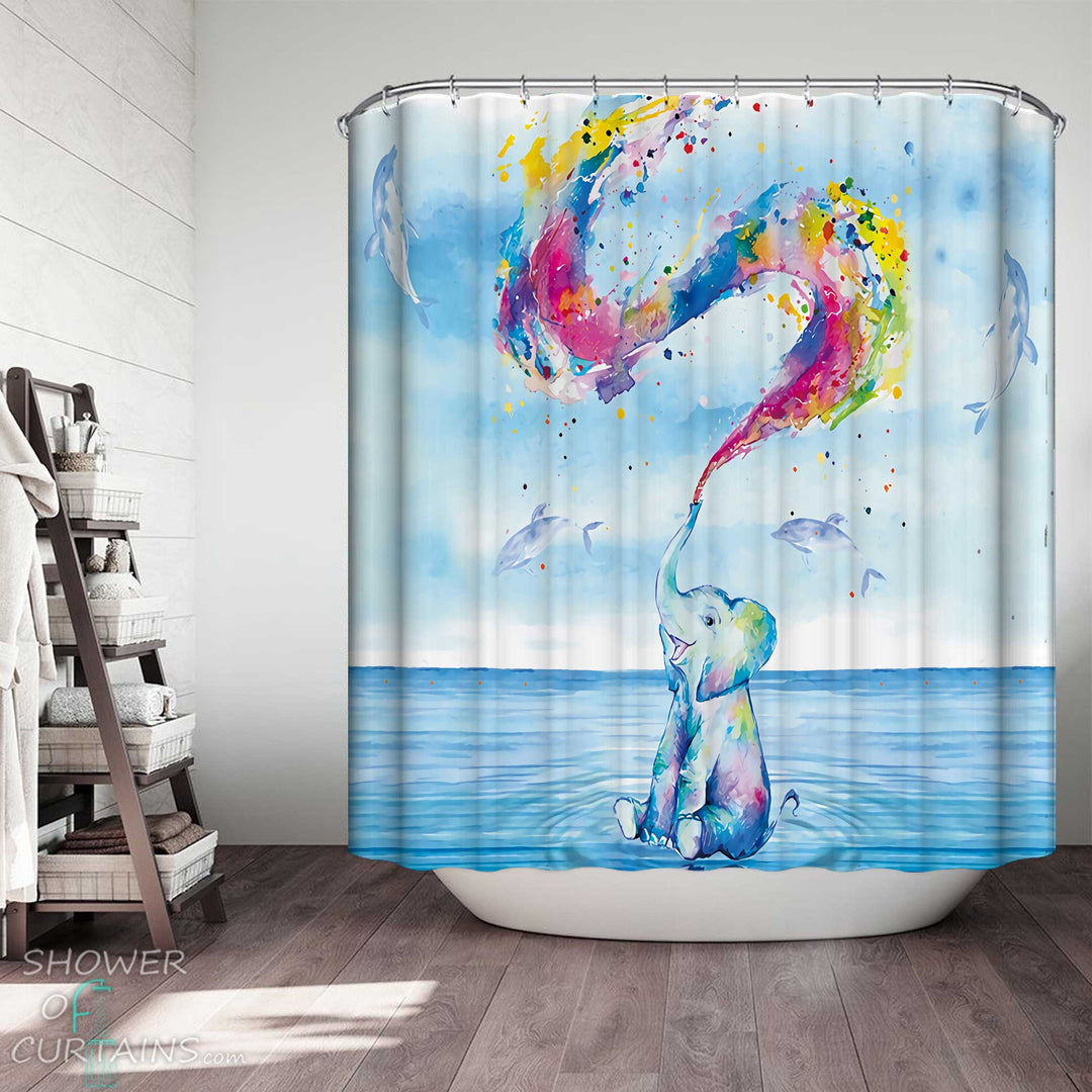 Shower Curtains with Adorable Elephant and Dolphins