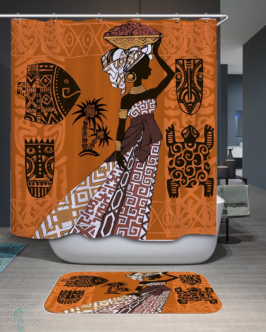 Shower Curtains with African Woman and Elements