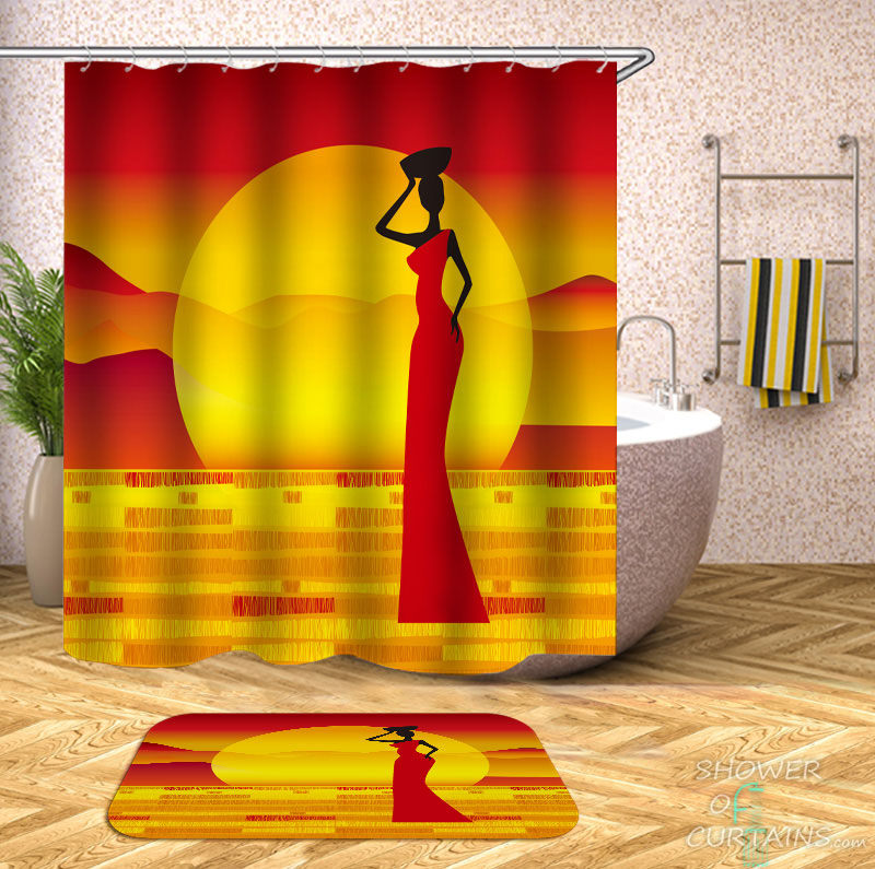 Shower Curtains with African Woman over the Sun