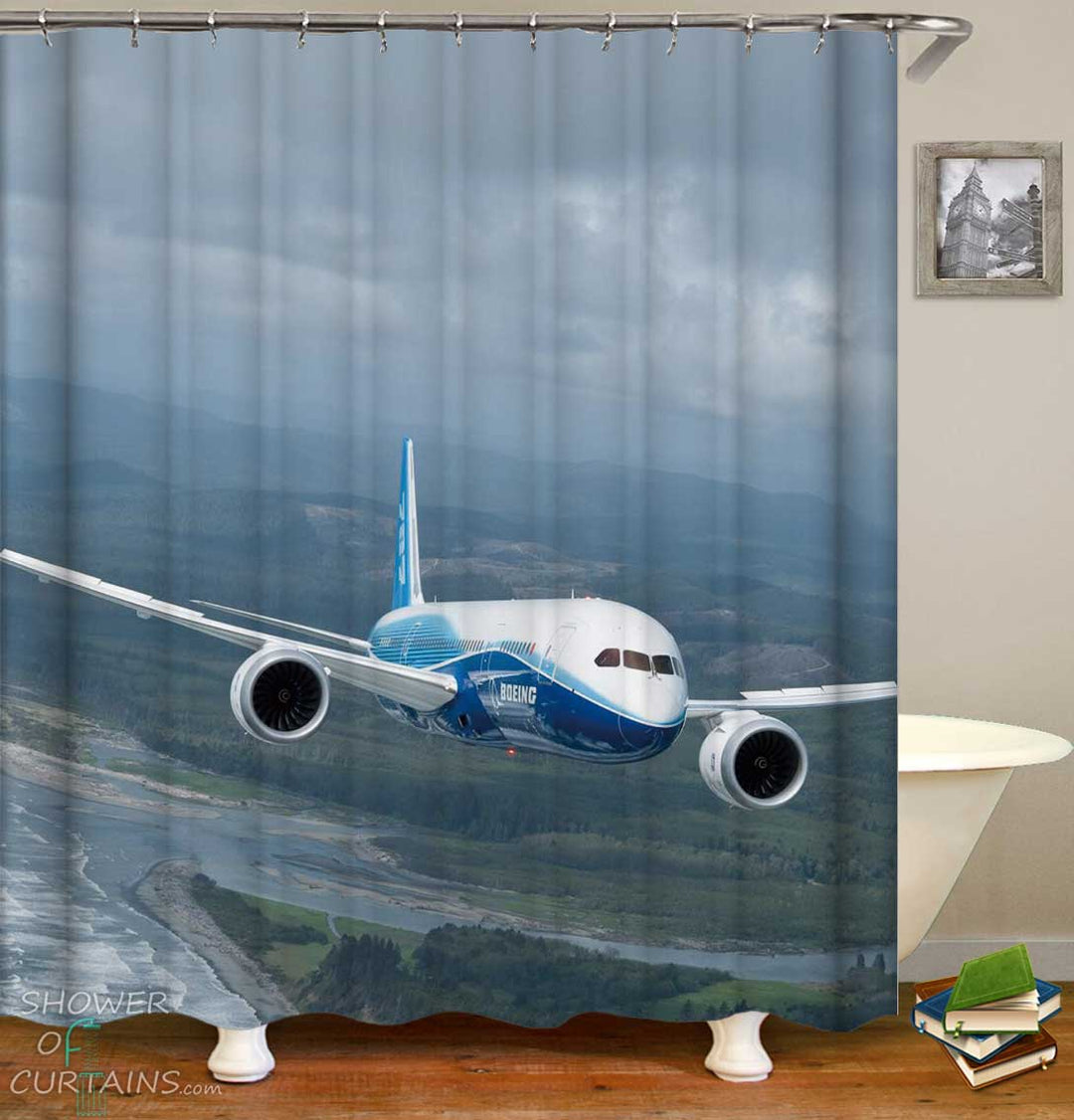 Shower Curtains with Airplane above Shore