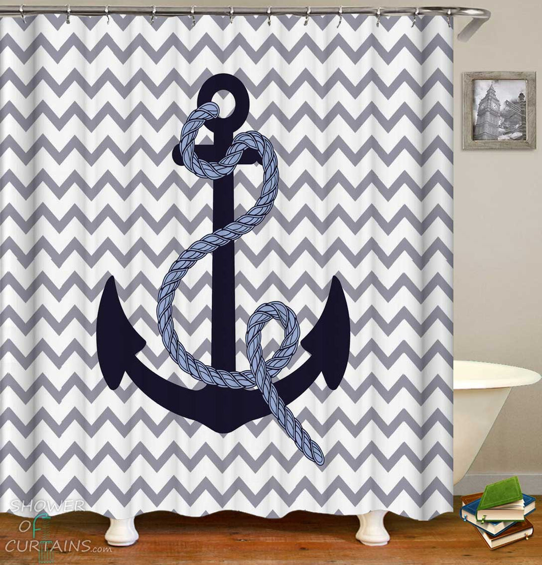 Shower Curtains with Anchor and Rope Over Chevron