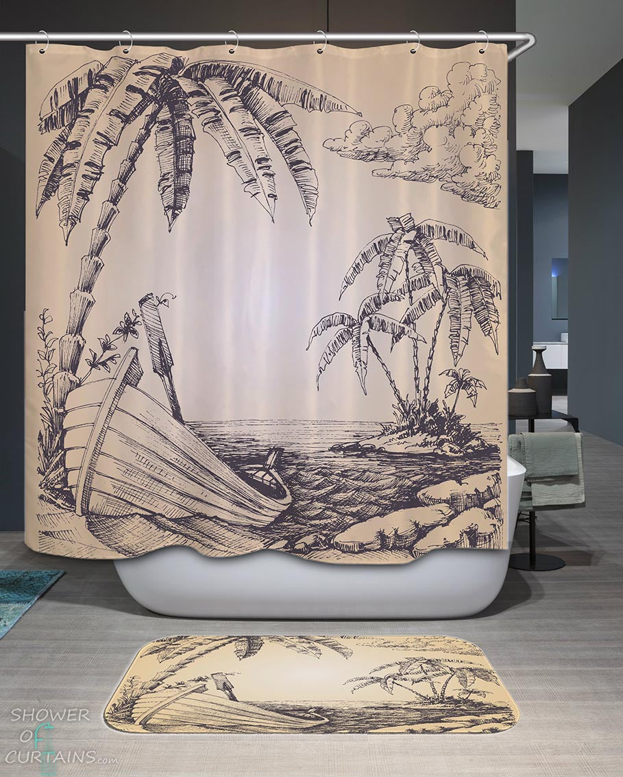 Shower Curtains with Ancient Color Tropical Island