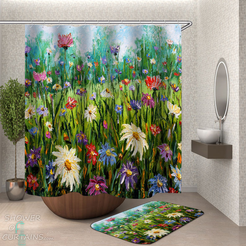 Shower Curtains with Art Multi Colored Flowers Field