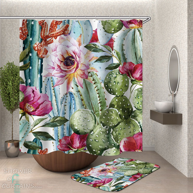 Shower Curtains with Art Painting Cactus Flowers