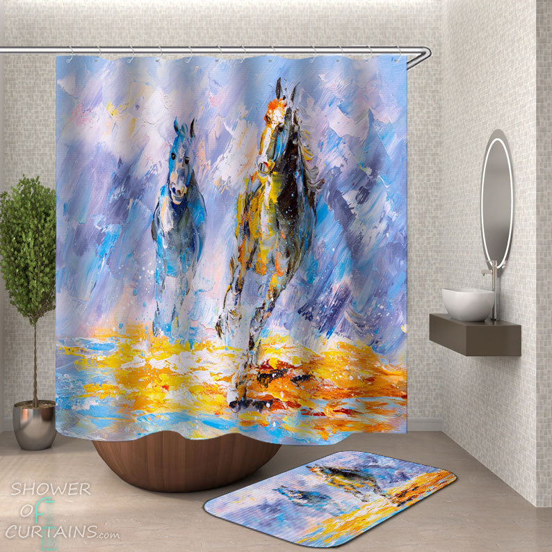 Shower Curtains with Art Painting Running Horses