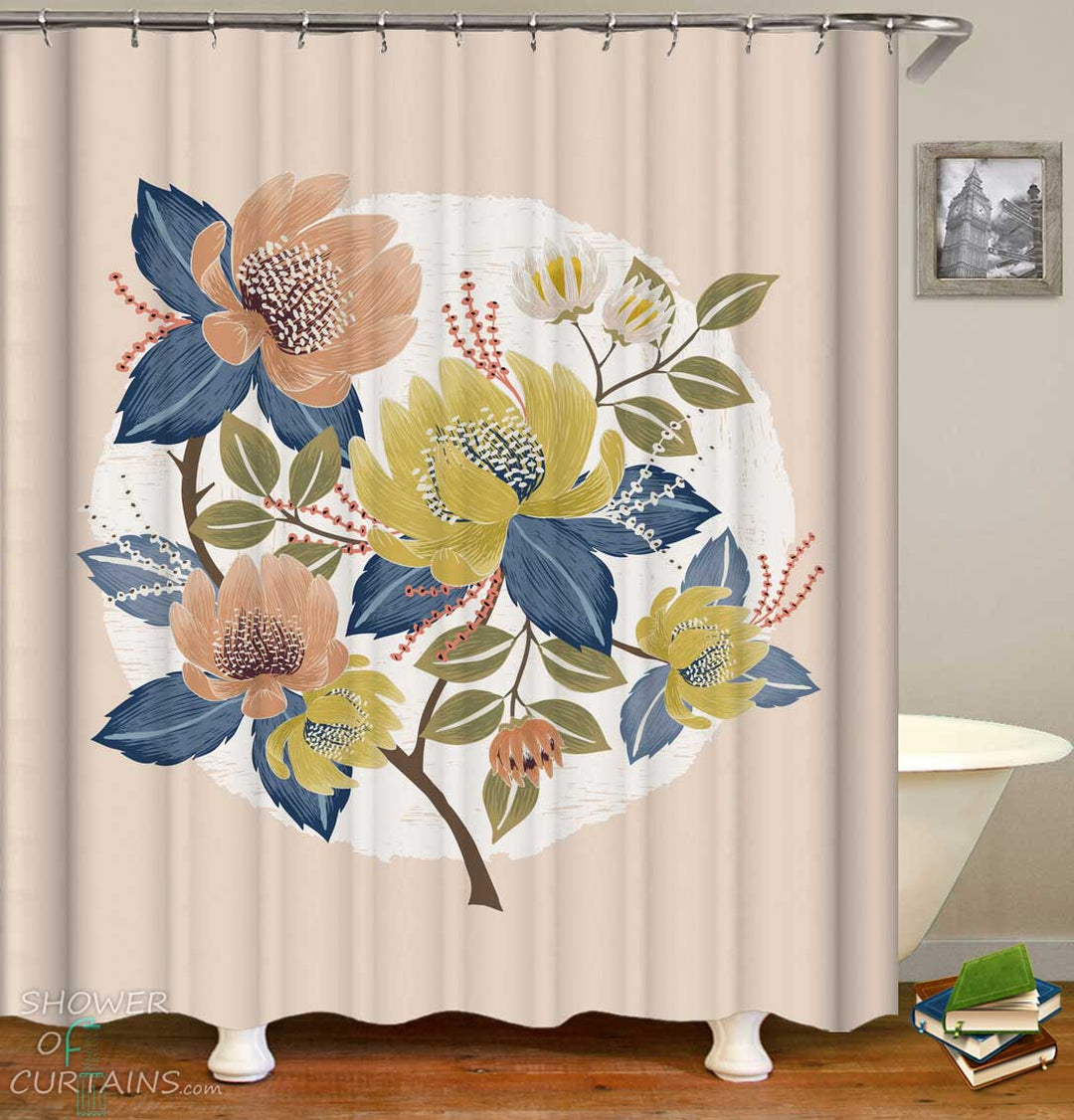 Shower Curtains with Autumn Colors Floral Drawing