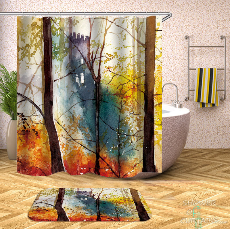 Shower Curtains with Autumn Forest Art Painting