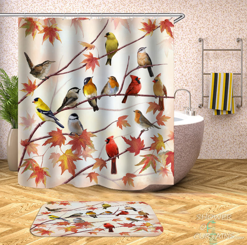 Shower Curtains with Autumn Leaves and Birds