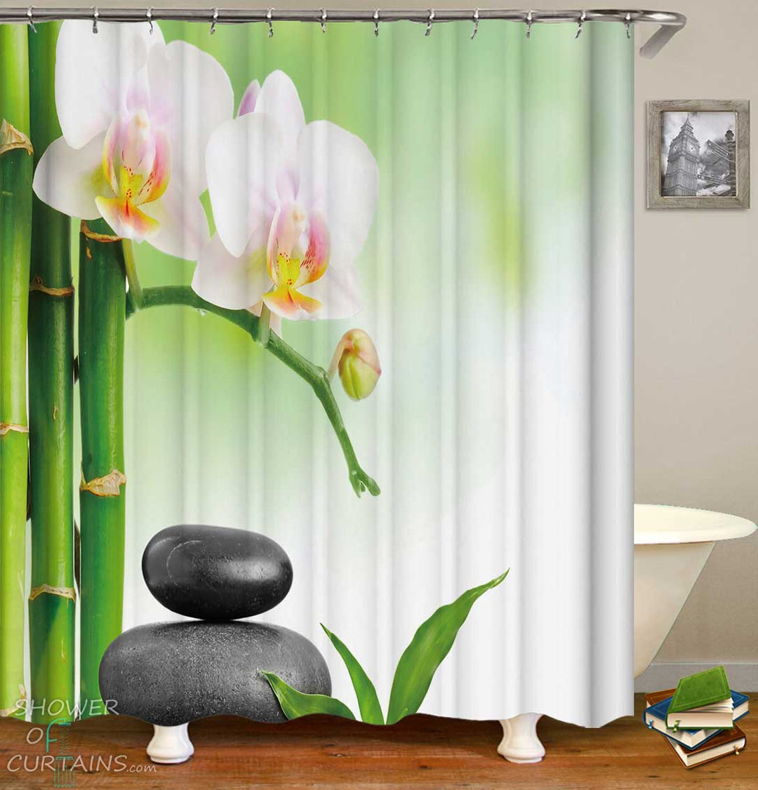 Shower Curtains with Bamboo Pebbles and Flowers