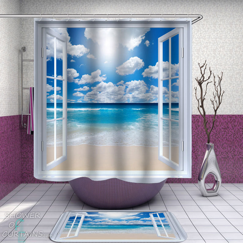 Shower Curtains with Beach Ocean View Window