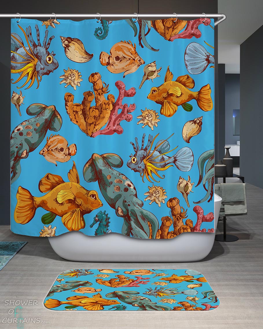 Shower Curtains with Beautiful Ocean Life Squid and Fish
