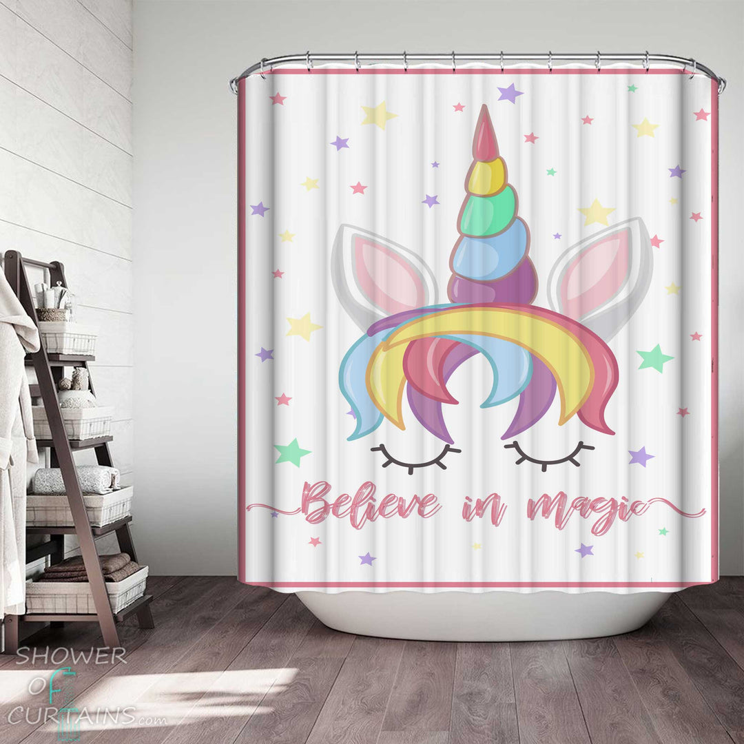 Shower Curtains with Believe and Magic Unicorn Face