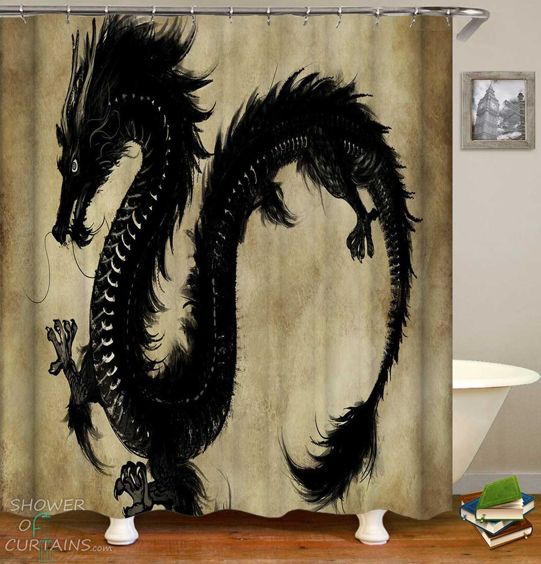 Shower Curtains with Black Chinese Dragon