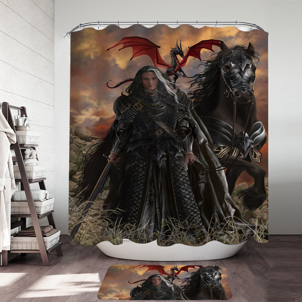 Shower Curtains with Black Knight with His Horse and Dragon