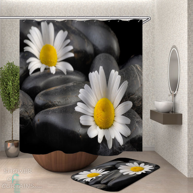 Shower Curtains with Black Pebbles and Daisy