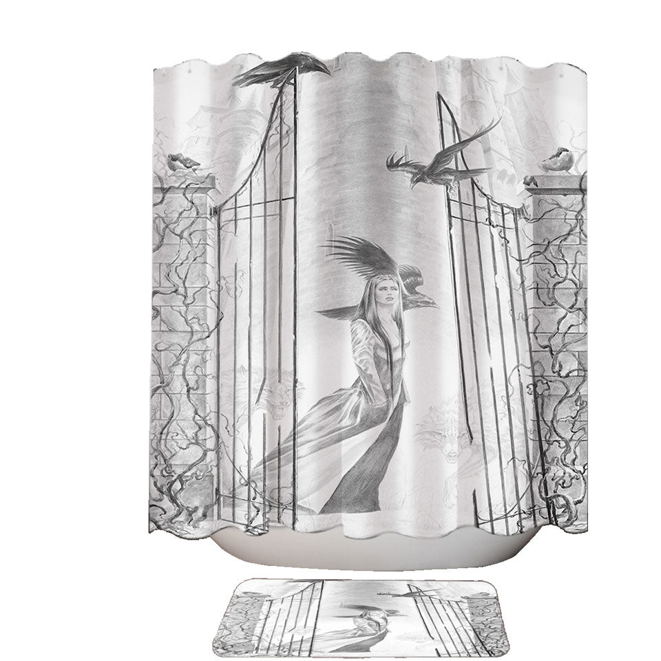 Shower Curtains with Black and White Art Drawing Beauty in Castle