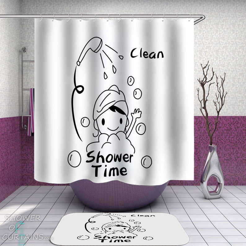 Shower Curtains with Black and White Drawing Shower Time 