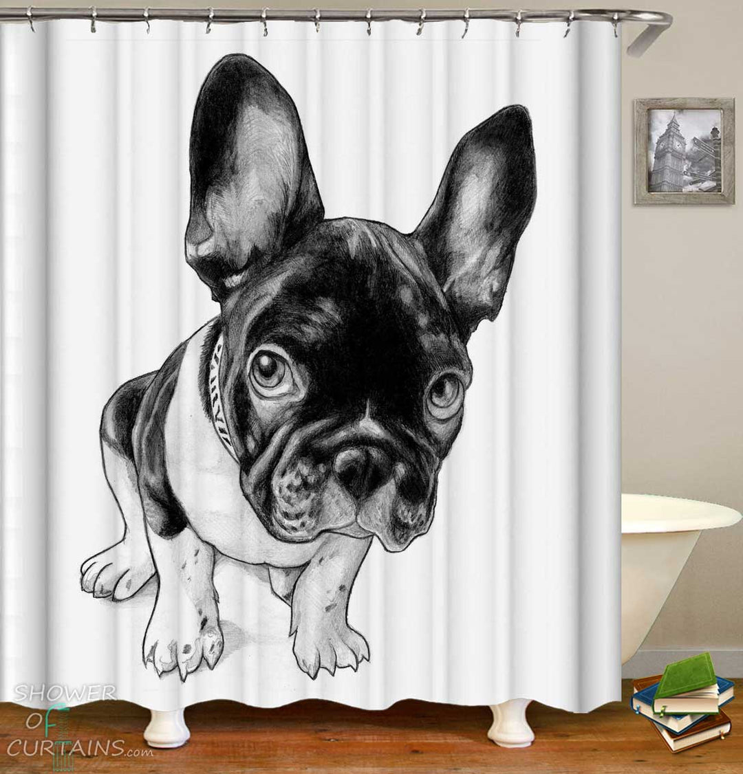Shower Curtains with Black and White French Bulldog Dog