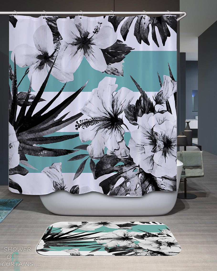 Shower Curtains with Black and White Hibiscus Flower